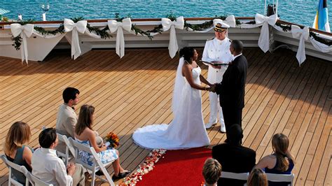 Cruise ship weddings - One canvas (16" X 20") 2. Keepsake wedding certificate. Two-tier cake. Sparkling wine toast 3. Honeymoon dinner for the couple. Shipboard decorations 4. Aisle runner. Two pillars with silk floral arrangements. 1 Carnival weddings can accommodate a maximum of 50 non-sailing guests in the embarkation ports.